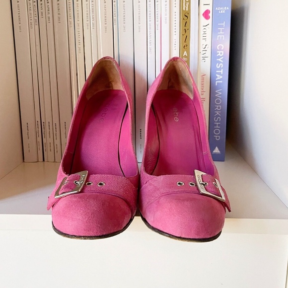 Barbie HOT PINK suede BeBe pumps heels shoes silver buckle round toe Y2K US W 9 - Picture 13 of 13
